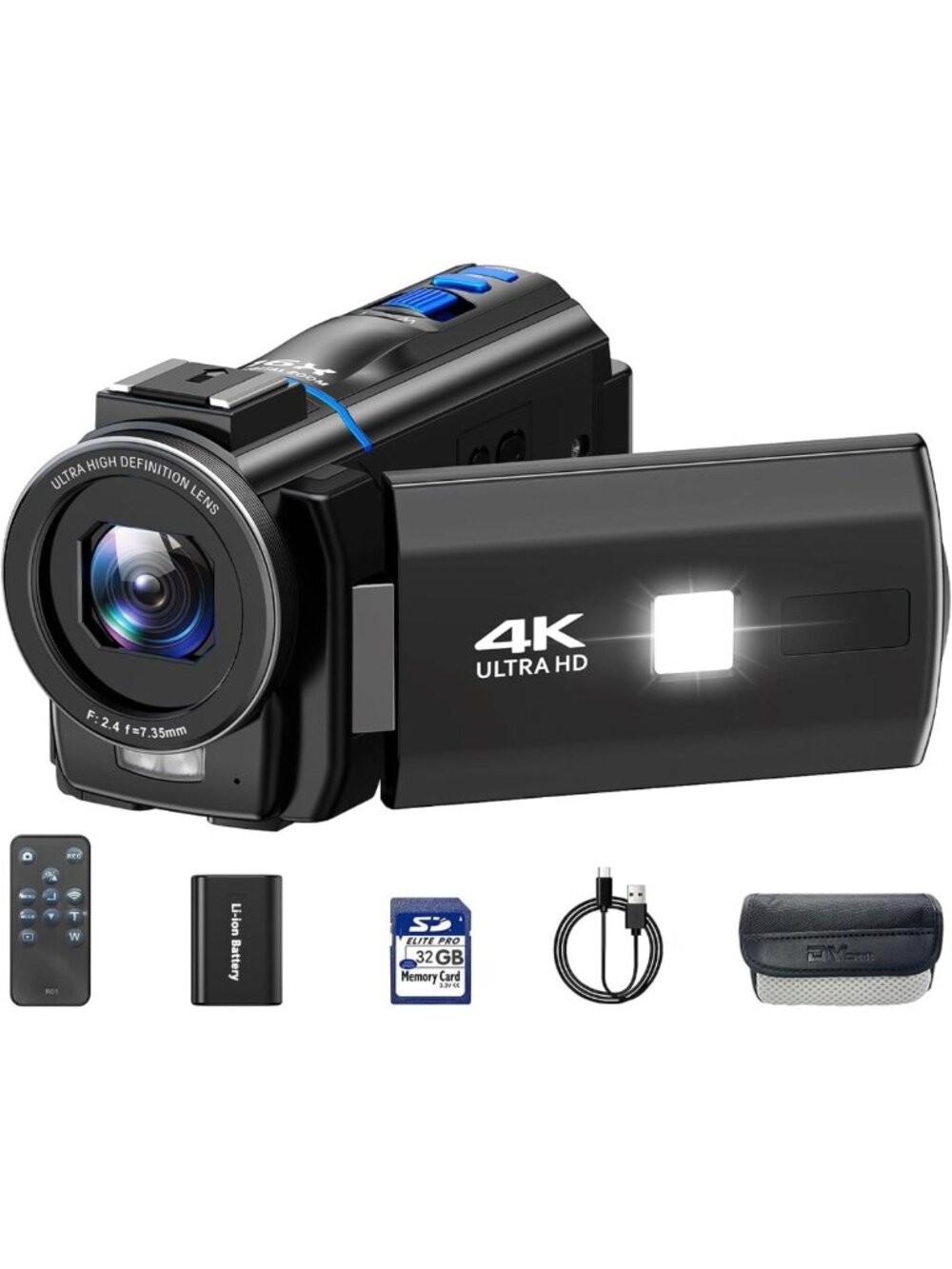 4K Video Camera Camcorder with Night Vision, 16X Zoom, Touch Screen & Remote